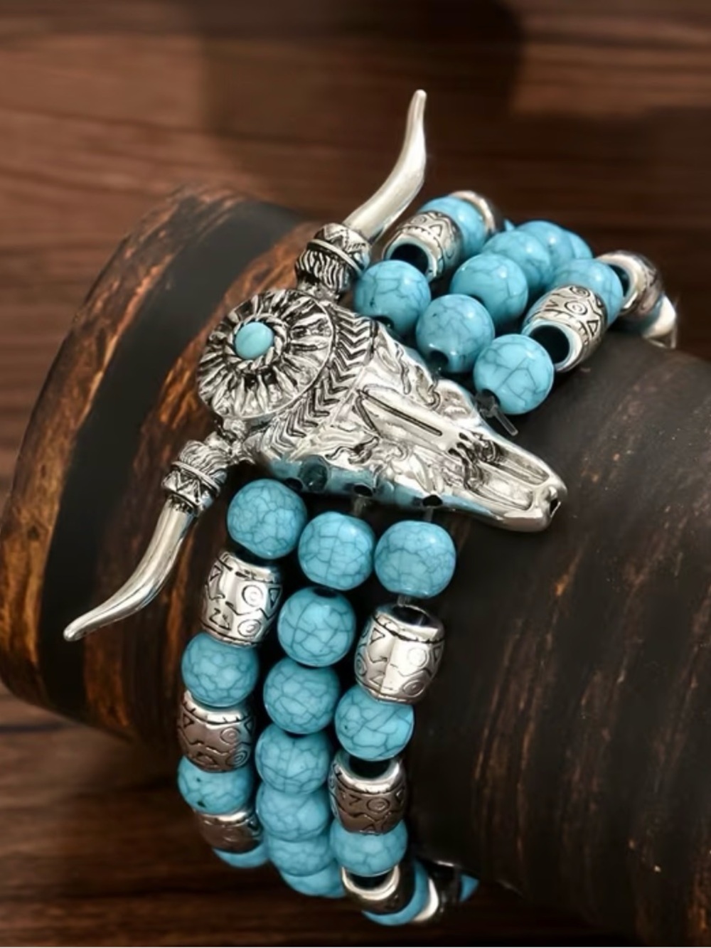 Turquoise Bead Bull Skull Wrap Bracelet - Women Jewelry